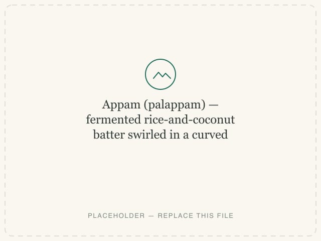 Appam (palappam) — fermented rice-and-coconut batter swirled in a curved appachatti; 'hopper' in menu English — photograph