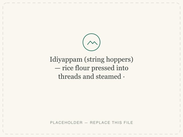 Idiyappam (string hoppers) — rice flour pressed into threads and steamed — photograph