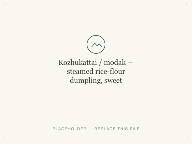 Kozhukattai / modak — steamed rice-flour dumpling, sweet jaggery-coconut or savoury urad-dal filling — photograph