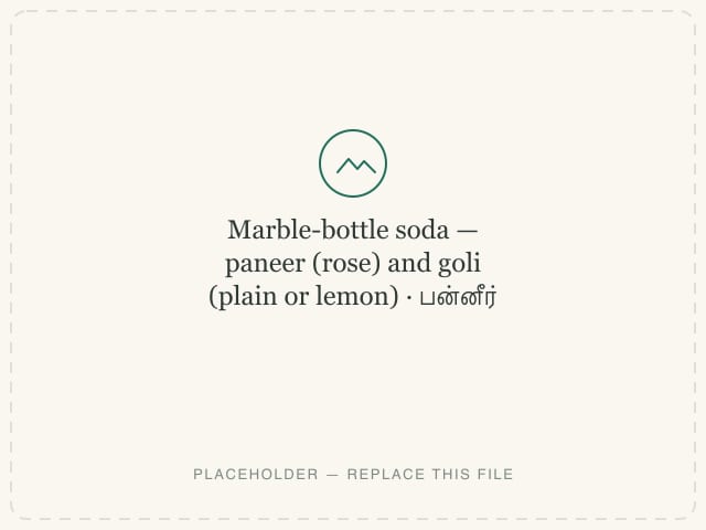 Marble-bottle soda — paneer (rose) and goli (plain or lemon) — photograph