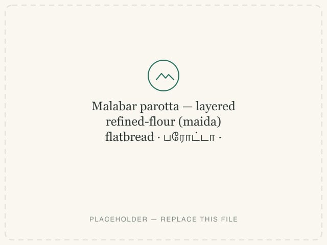 Malabar parotta — layered refined-flour (maida) flatbread — photograph