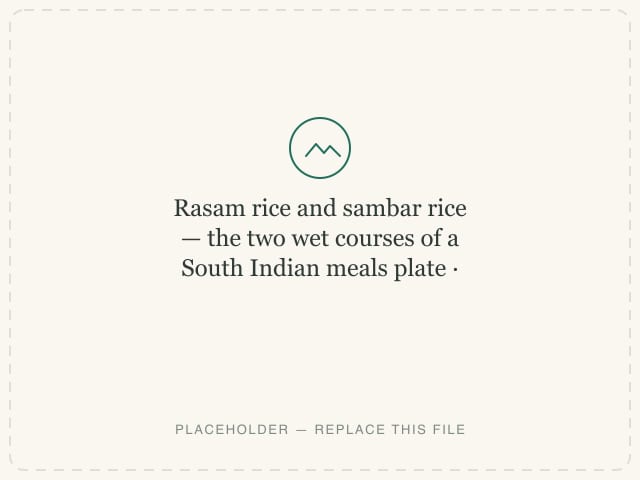 Rasam rice and sambar rice — the two wet courses of a South Indian meals plate — photograph